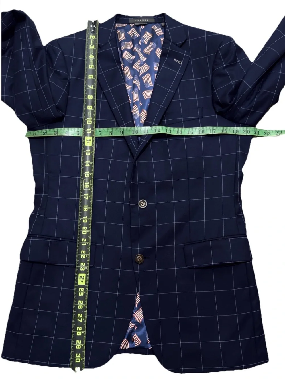 INDOCHINO Custom Wool Suit 40R 34x30 Navy Harrogate Windowpane US Flag Lining